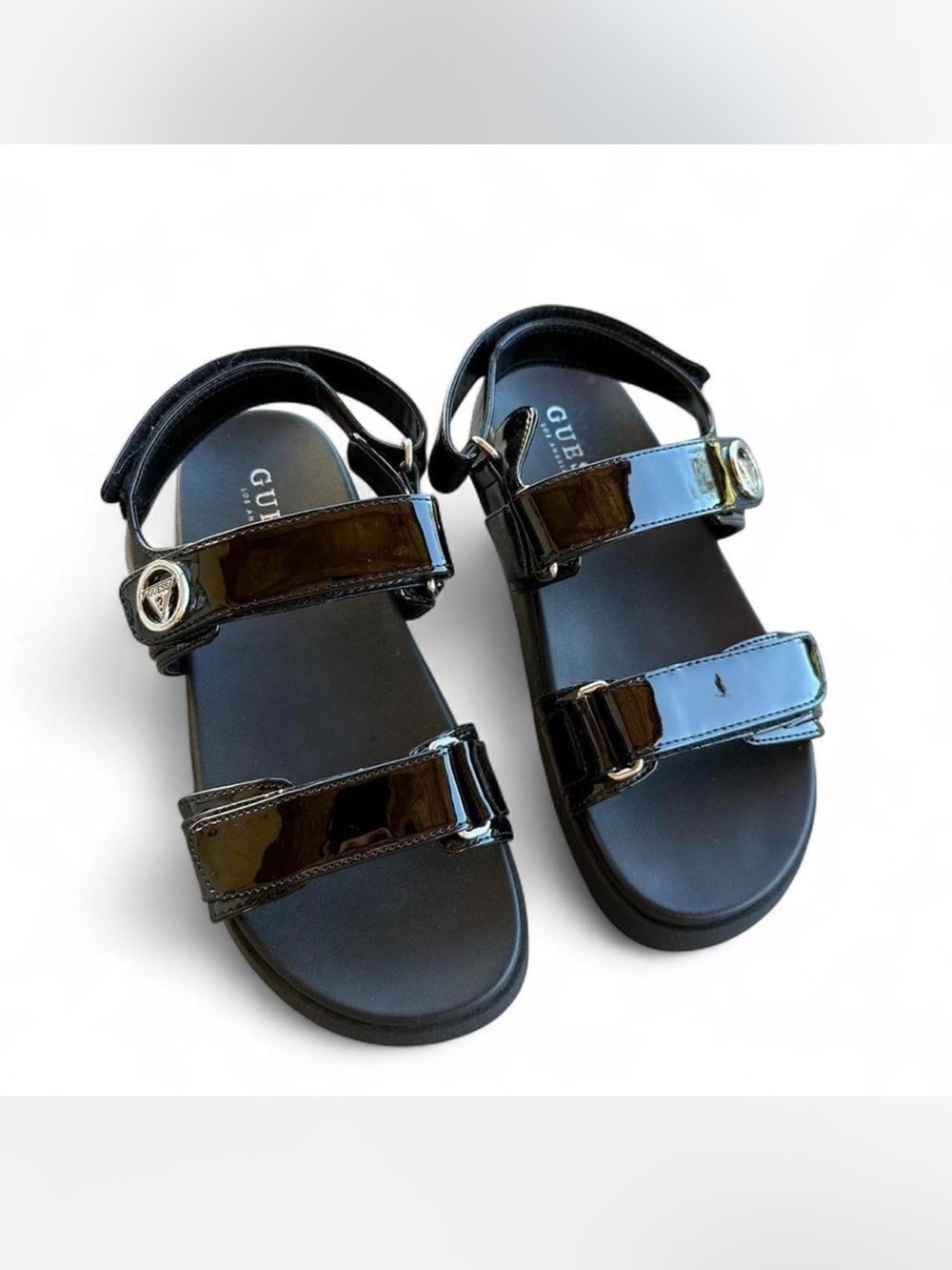 GUESS Black Patent Leather Sandals Velcro straps Size 6.5 - Picture 2 of 5